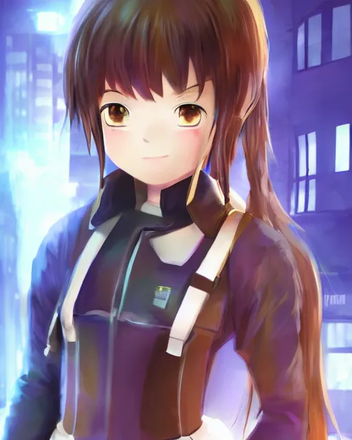 Image similar to full body portrait of anime schoolgirl in mechanic armor in night tokyo by makoto sinkai, perfect face, fine details