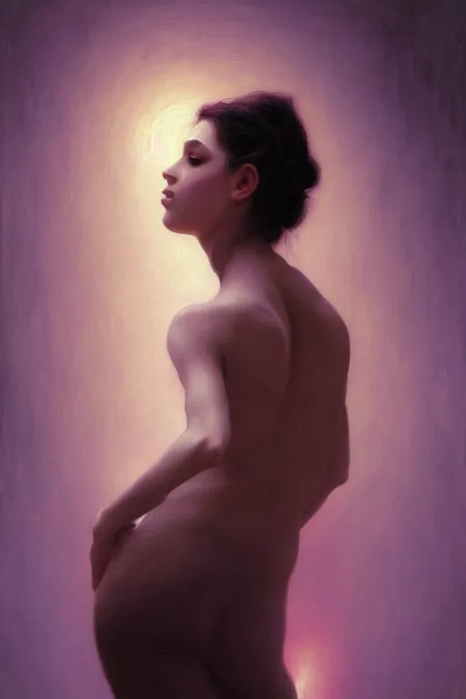 Image similar to Portrait of Amy Rose by bouguereau, abstract purple lighting, intricate, elegant, somber, highly detailed, oil painting, smooth, sharp focus, illustration, art by artgerm and greg rutkowski and zdislav beksinski