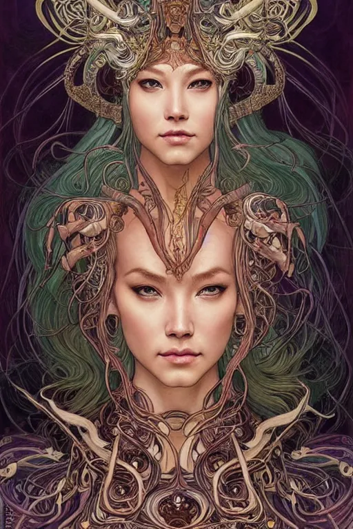 Prompt: beautiful and exotic and other-worldly alien queen portrait, sparkling eyes + front face with thick flowing hair, perfectly symmetrical facial features and muscle anatomy, ultradetailed art and illustration by jia ruan and chris bachalo and arthur suydam and alphonse mucha, fantasy, intricate complexity, scientific human structure, accurate human anatomy, fantasy character concept, watercolor, bleed, hyperrealism 8k