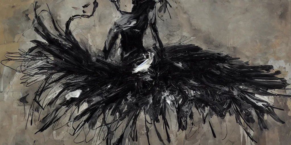 Image similar to a detailed painting of a black swan, mixed with leafs, dark atmosphere. vr painting. 3 d oil brush strokes. by francescp hayw, jenny saville, nicola samori and james jean. dynamic lighting, dramatic lighting. masterpiece