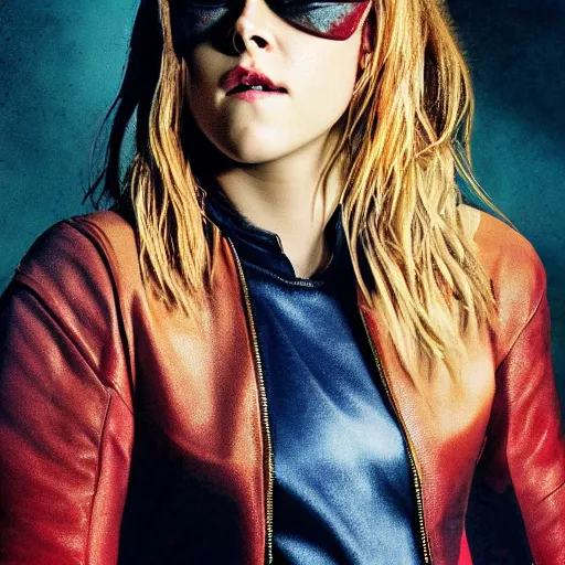 Prompt: kristen stewart as a ms marvel portrait closeup photography, realistic, dramatic lighting, fire