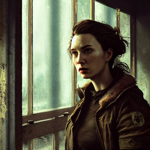 Image similar to fallout 5, charismatic beautiful rugged brunette female protagonist, portrait, indoors dilapidated store interior, atmospheric lighting, painted, intricate, volumetric lighting, beautiful, daytime, overcast weather, sharp focus, deep colours, ultra detailed, by leesha hannigan, ross tran, thierry doizon, kai carpenter, ignacio fernandez rios