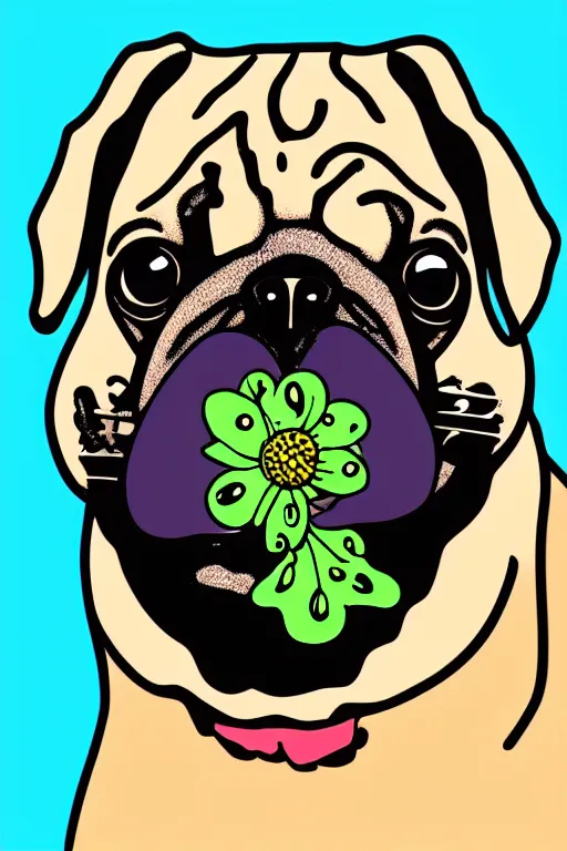 Image similar to pug eating flower. art by samantha mash, sticker, colorful, illustration, highly detailed, simple, smooth and clean vector curves, no jagged lines, vector art, smooth