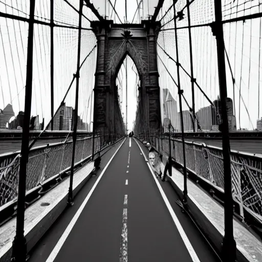 Image similar to The Beatles unreal engine 5 hanging off the Brooklyn Bridge 8k