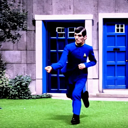 Image similar to photo of mr spock blue uniform exiting the tardis, cinematic, movie still