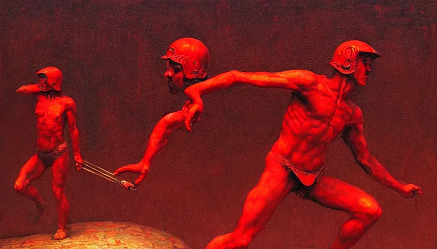 Image similar to only with red, a red gladiator in a crowded roman amphitheatre, crowd cheers him, in the style of beksinski, parts by edward hopper, parts by rodcenko, parts by yue minjun, intricate and epic composition, red by caravaggio, insane quality, highly detailed, masterpiece, red light, artstation