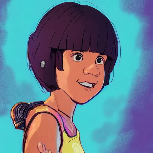 Image similar to a study of cell shaded portrait of Isabela Moner as dora the explorer, concept art, illustration, post grunge, concept art by josan gonzales and wlop, by james jean, Victo ngai, David Rubín, Mike Mignola, Laurie Greasley, highly detailed, sharp focus, alien, hard light, minimal color palette, Trending on Artstation, HQ, deviantart, art by artgem