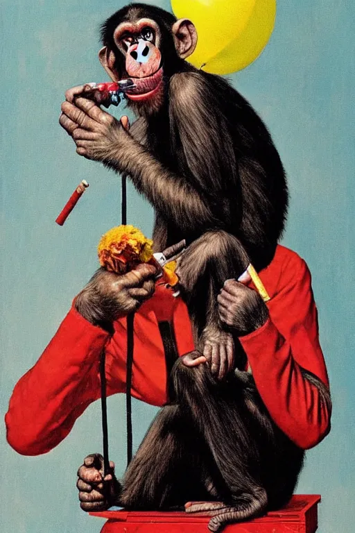 Image similar to a chimp in a clown suit, smoking a cigarette, painted by Norman Rockwell