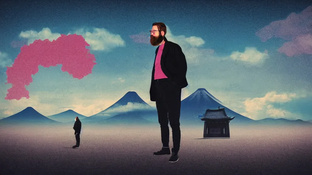 Prompt: portrait of a bearded german photographer at a vast temple under a vivid sky, aomori japan, a collage painting, in the style of wes anderson, lola dupre, david hockney, isolated on negative white space background dark monochrome neon spraypaint accents volumetric octane render