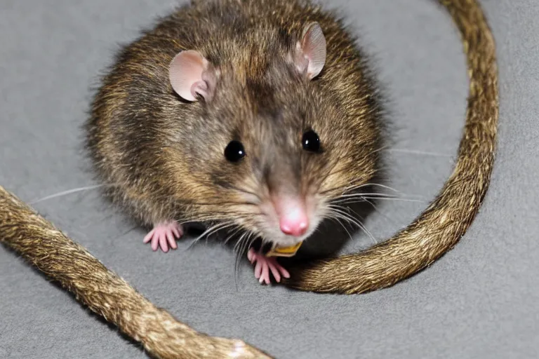 Image similar to photo, smiling! furry antropomorphic rat! eats thick internet cable! highly detailed, intricate details