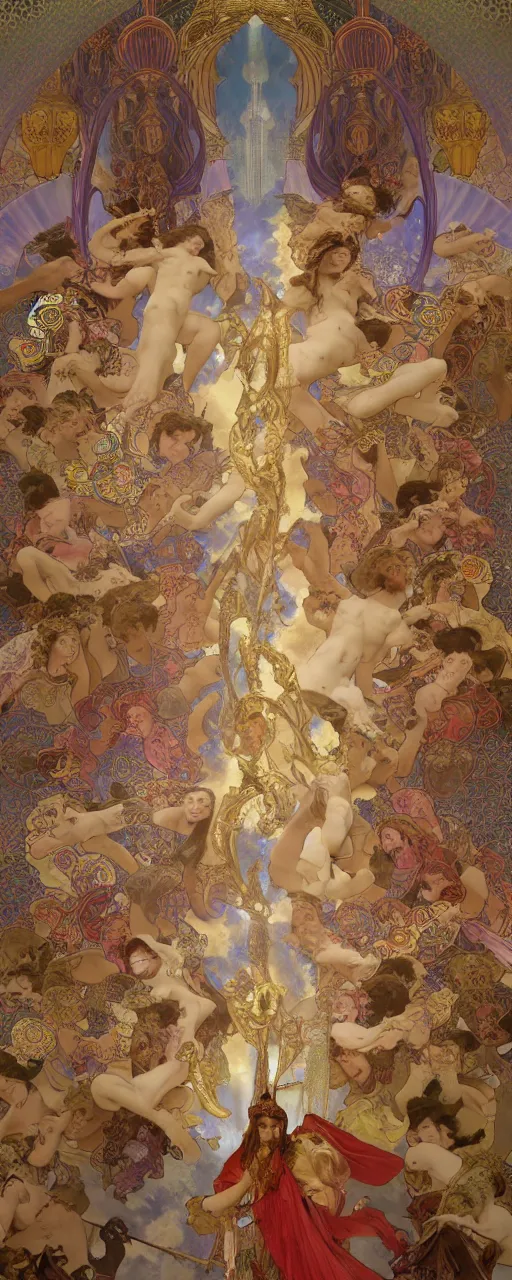 Image similar to 3 d rendered scene of the battle of angels and demons at the entrance to the fractal palace of cosmos painting of alphonse maria mucha made in unreal engine hyper realistic