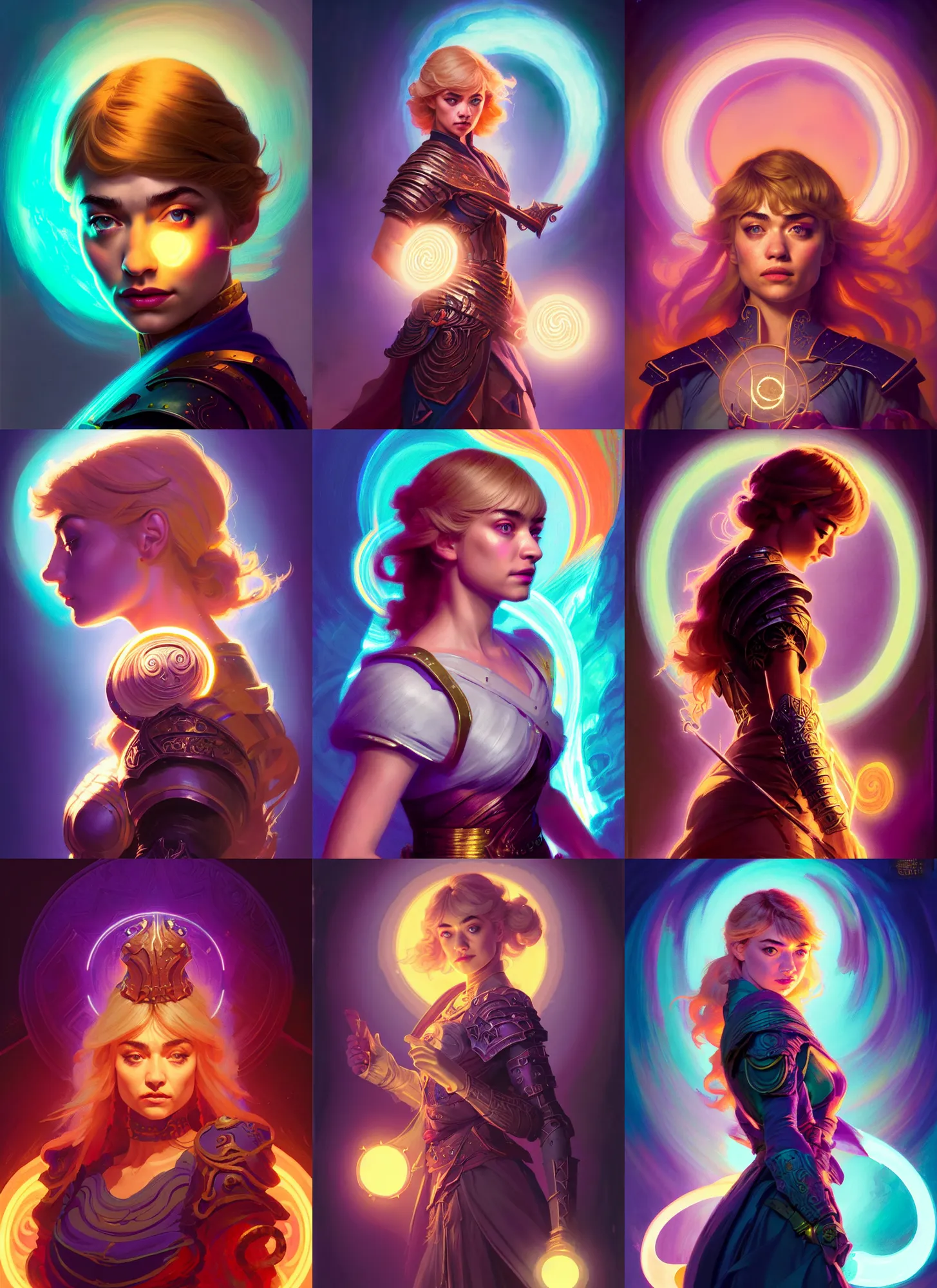 Prompt: side tarot portrait, imogen poots paladin, gloomhaven, soft, smooth, luminescent, backlit glow, colorful swirly ripples, gaudy colors, 8 k, by greg manchess, huang guangjian, gil elvgren, sachin teng, ilya kuvshinov, cushart krenz