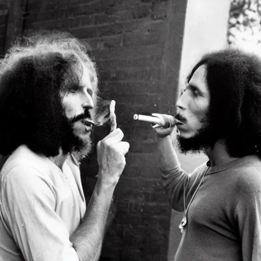 Prompt: photography of bob Marley smoking with Jim Morrison