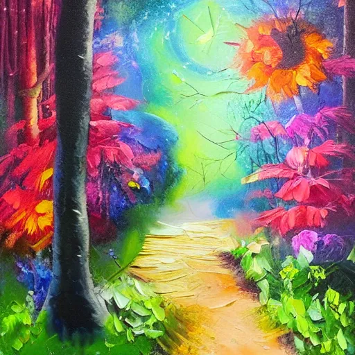 Image similar to secret hidden path in the forest leading to a doorway to outerspace, prismatic weather, flowers, expressive oil painting