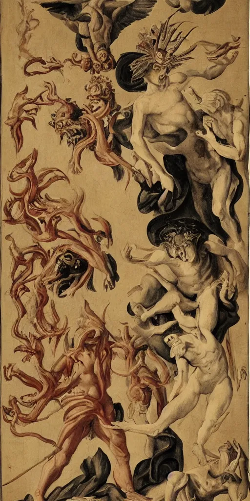 Image similar to a horror vacui depicting birth death God and the devil,