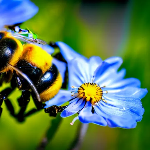 Prompt: macro shot of a robotic bee resting on a flower, global illumination