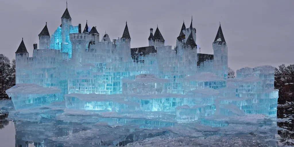 Image similar to a castle made out of ice, reflections, sparkle