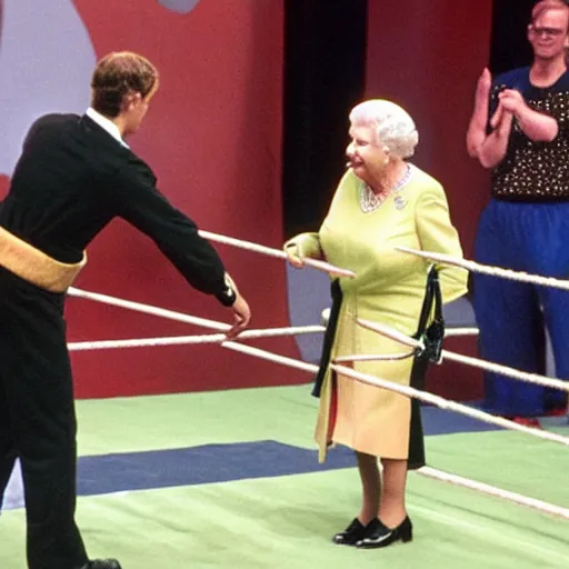 Prompt: queen elizabeth ii fighting in a wwe wrestling ring