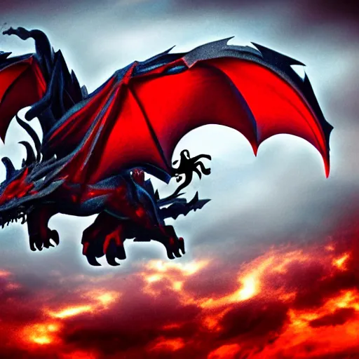 Prompt: epic dragon made of shadows, flying through the skies, black mist and clouds surround, with red lightning coming out