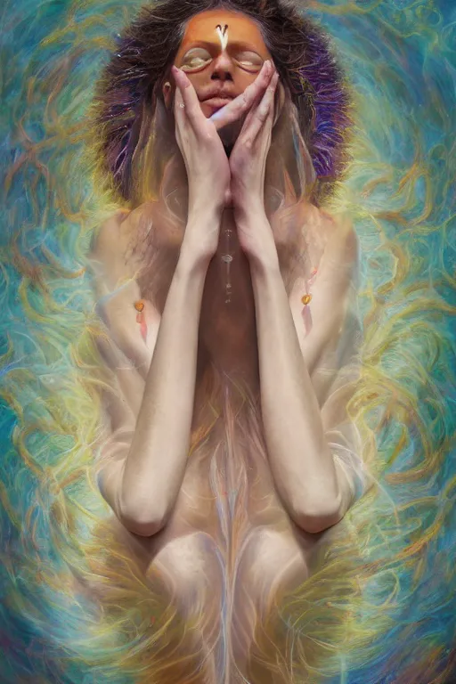 Image similar to transcendental meditation cult woman, opening third eye, chakra energy waves resonating from her body, ethereal aura, epic surrealism 8k oil painting, portrait, perspective, high definition, post modernist layering, by Peter Kemp