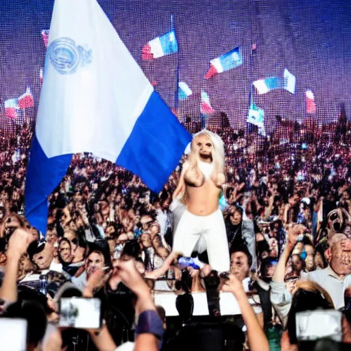 Image similar to Lady Gaga as president, Argentina presidential rally, Argentine flags behind, bokeh, giving a speech, detailed face, Argentina