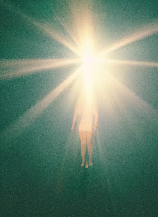 Image similar to female ascending into the sky, glowing aura, motion blur, out of focus, film grain, cinematic lighting, experimental film, shot on 1 6 mm, crepuscular rays