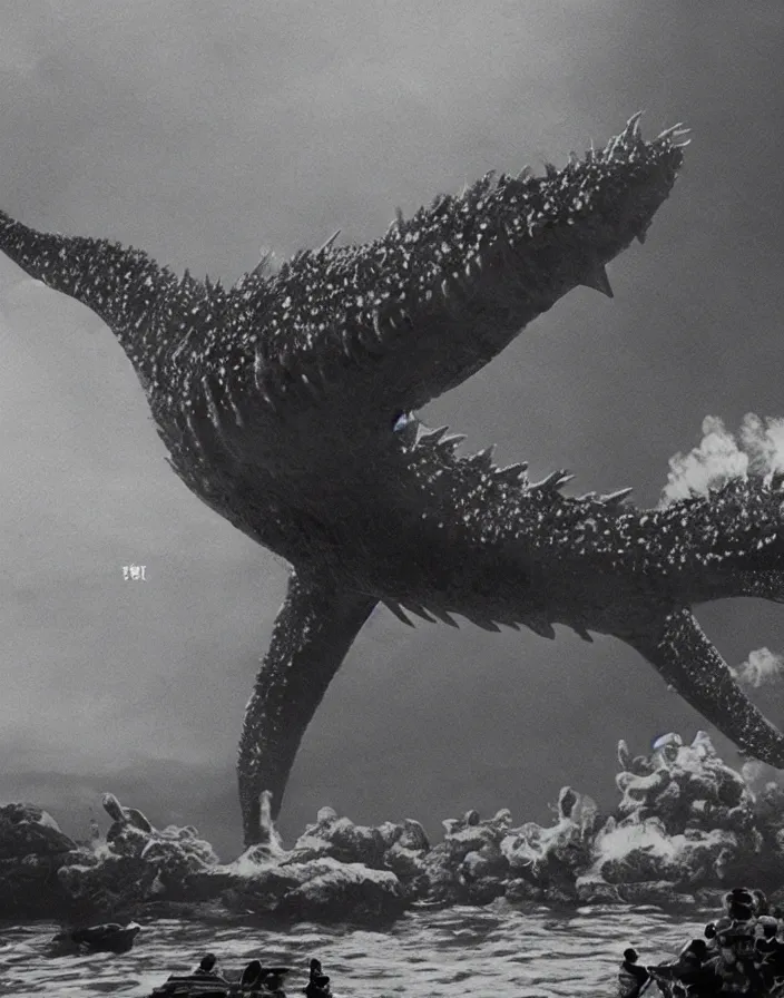 Image similar to a filmstill of a north korean monster movie, kaiju - eiga monster starfish - like trampling a traditional korean palace, foggy, film noir, epic battle, etheral, explosions, communist starfish, thriller, by wachowskis and robert eggers, video compression