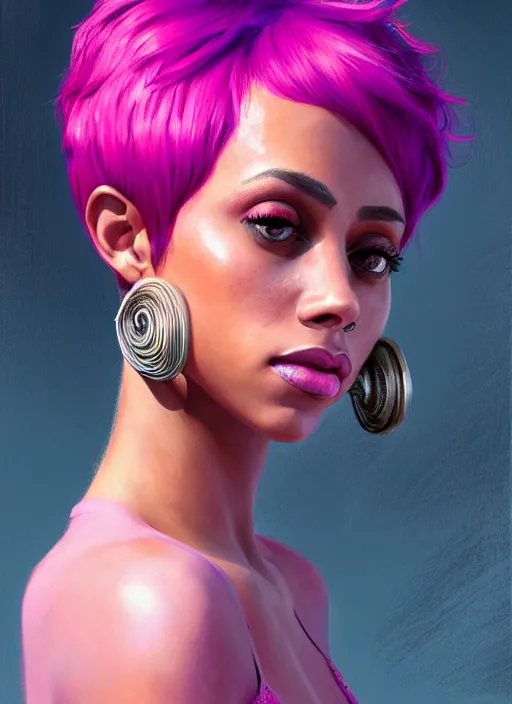 Image similar to portrait of vanessa morgan with bright pink hair, curly pixie cut hair, wearing a purple breton cap, breton cap, hoop earrings, intricate, elegant, glowing lights, highly detailed, digital painting, artstation, concept art, smooth, sharp focus, illustration, art by wlop, mars ravelo and greg rutkowski