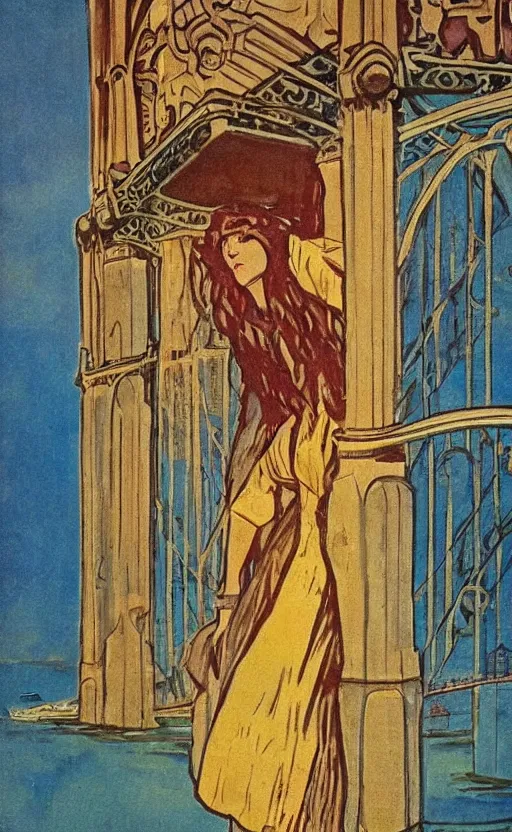 Prompt: art nouveau! style, woman overlooking, golden gate bridge! first pillar!!! in the background, early 1 9 0 0 s!!