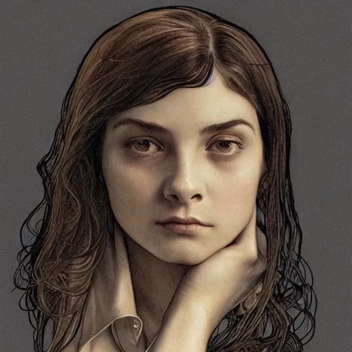 Image similar to pen and ink sketch of a welsh teenage girl with brown hair, glowing skin, delicate features, amelie poulain, fantasy, intricate, elegant, dress shirt and tie, highly detailed, digital painting, artstation, concept art, smooth, sharp focus, illustration, art by Krenz Cushart and Artem Demura and alphonse mucha, black and white
