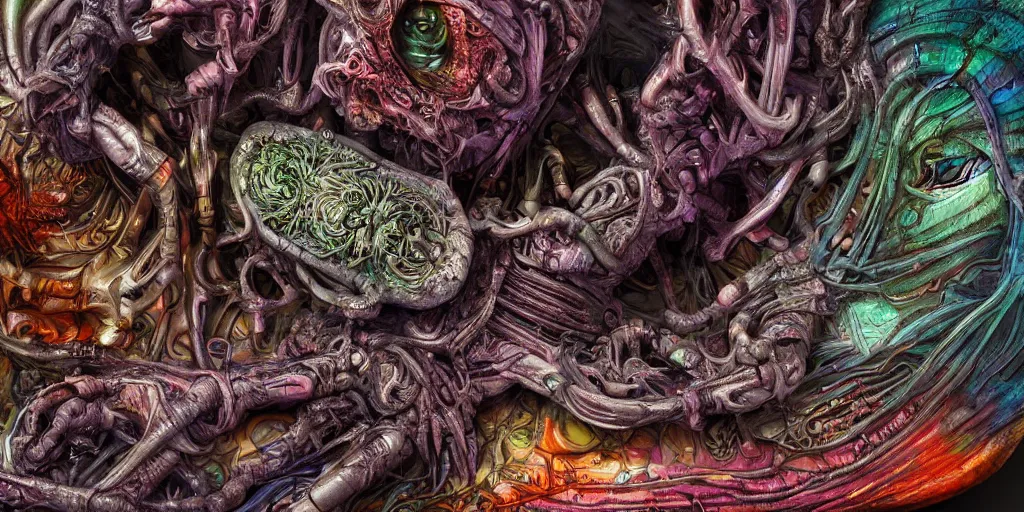 Image similar to dreamscape, giger, vivid colors, colorful, anatomical, highly detailed sculpture, intricate detailed, ommatidia, 8 k, cinematic atmosphere, post - processing