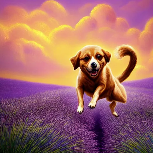 Prompt: a beautiful rococo painting of a dog running on a lavender field, puffy clouds, wide shot, golden hour, matte painting, concept art, trending on artstation, artstationHD, artstationHQ, 4k, 8k