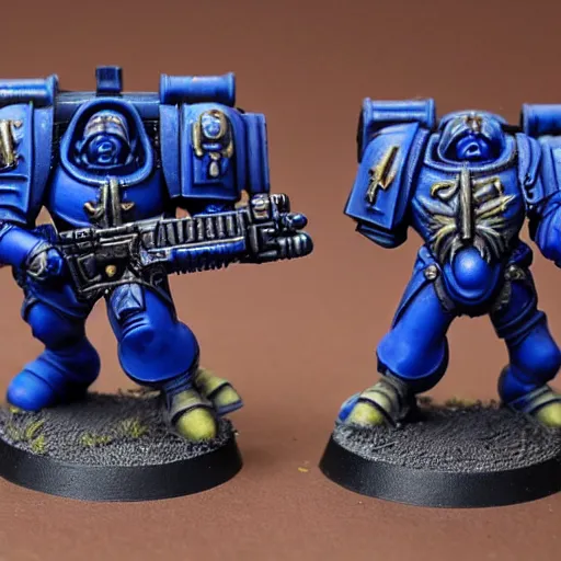Prompt: An ultramarine who shoots a bolter at a House demon, in the background there are many other ultramarines who also open fire on demons, a very beautiful style,Warhammer Trailer Style 40000, Very detailed picture,