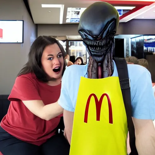 Prompt: Xenomorph eating a person at McDonalds