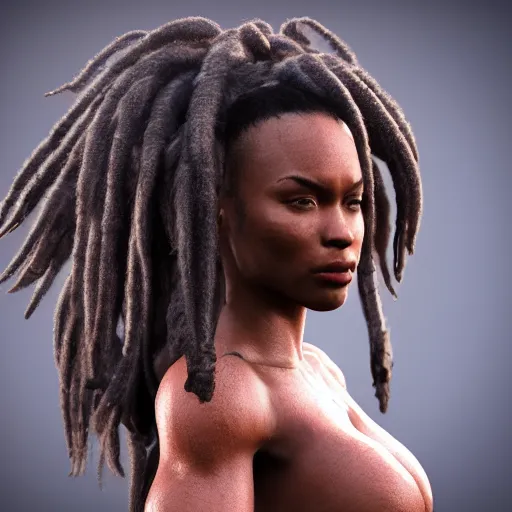 Image similar to 3 d render of a full female body, a very attractive black woman with long dreadlocks, stoic face, chiseled abs, wearing fitness gear, dead or alive 6, tekken 7, rumble roses, thick legs, highly detailed, artstation, super realistic, unreal engine