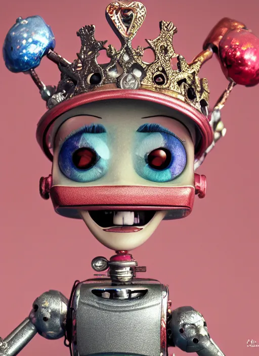 Image similar to closeup profile portrait of tin toy fairytale princess wearing a crown robot trap, depth of field, zeiss lens, detailed, symmetrical, centered, fashion photoshoot, by nicoletta ceccoli, mark ryden, lostfish, breathtaking, 8 k resolution, extremely detailed, beautiful, establishing shot, artistic, hyperrealistic, octane render