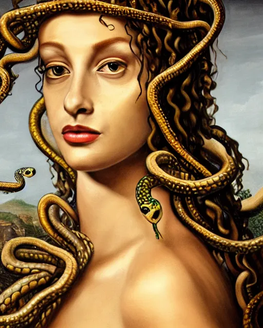 Image similar to realistic portrait of beautiful medusa with her snakes, golden, delicate, facing camera, hyper realism, 1 4 5 0, ink, ultra realistic, 8 k