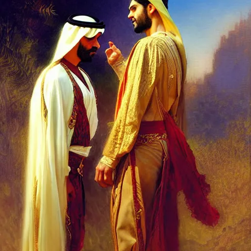 Image similar to attractive fully clothed arab king confesses his love for his attractive fully clothed male prince. highly detailed painting by gaston bussiere, craig mullins, j. c. leyendecker