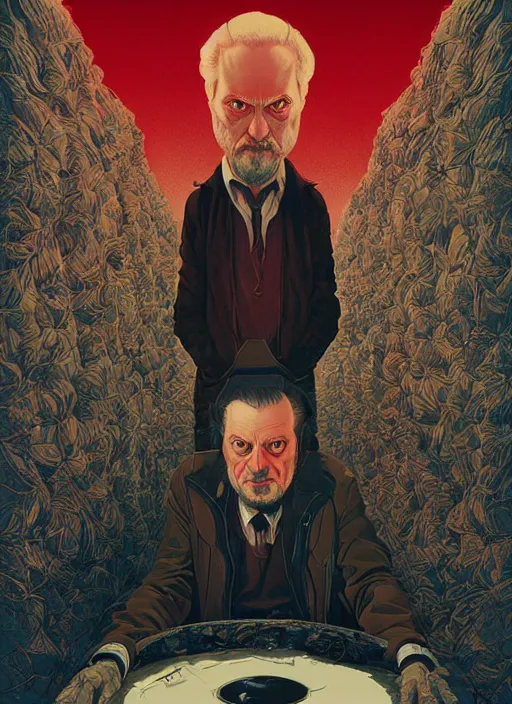 Prompt: poster artwork by Michael Whelan and Tomer Hanuka, Karol Bak of portrait of Stanley Kubrick, from scene from Twin Peaks, clean