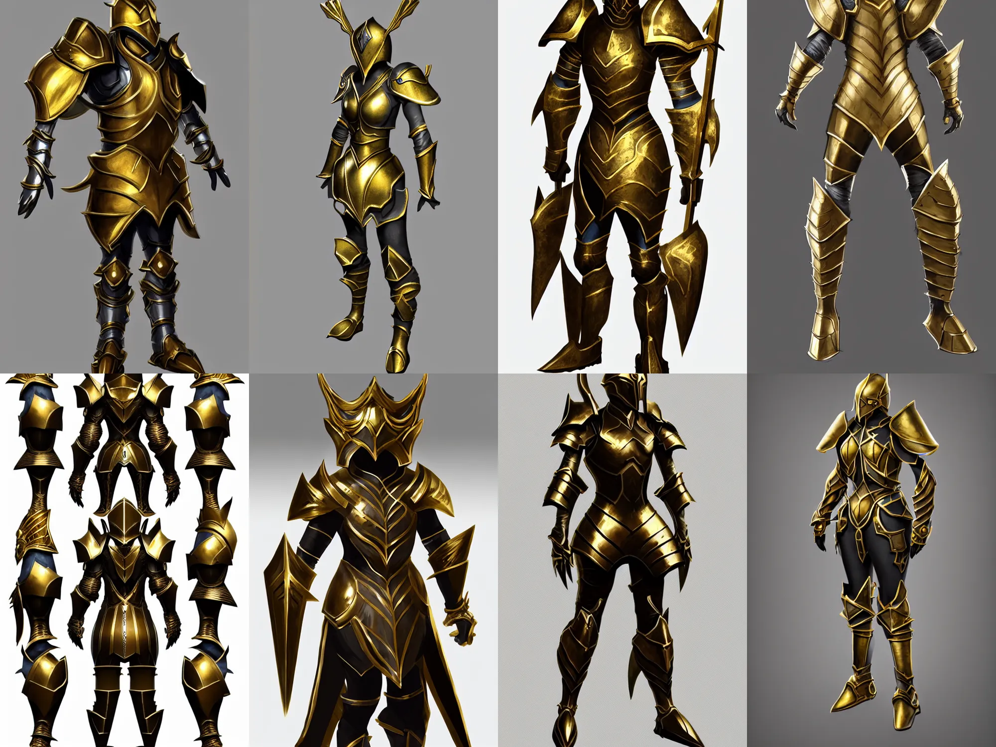 Prompt: unusual fantasy armor, steel with gold trim, extremely polished, exaggerated proportions, trending on polycount, fantasy character portrait, professional concept art, front view, A-pose, full body