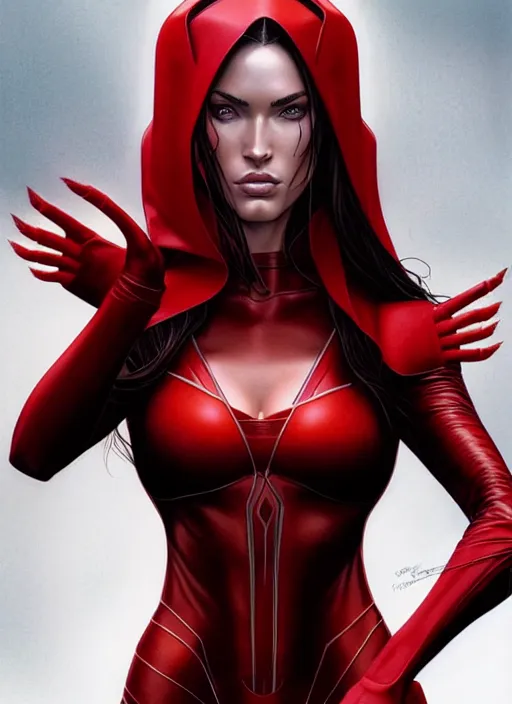 Image similar to symmetry!! gantz portrait of megan fox as the scarlet witch, intricate, highly detailed, dynamic lighting, digital art, digital painting, artstation, terence nielsen, sharp focus, illustration, art by artgerm and greg rutkowski and moebius, 8 k