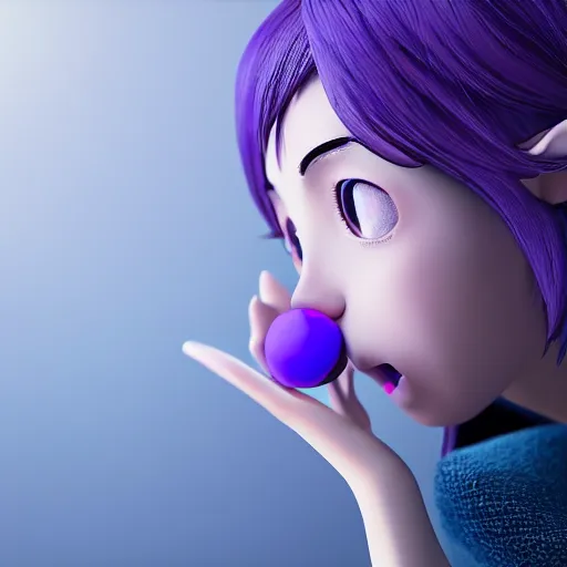 Image similar to ultra-realistic ultra-detailed woman eating a small sun the style of ghibli kazuo oga, blue and purple fur, big ears, toy room, DOF, soft lighting, unreal engine render