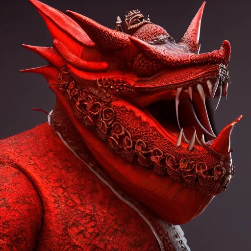 Prompt: portrait of anthropomorphic red fat dragon, no spikes, old, intricate details, octane render, unreal engine, studio light, 8 k