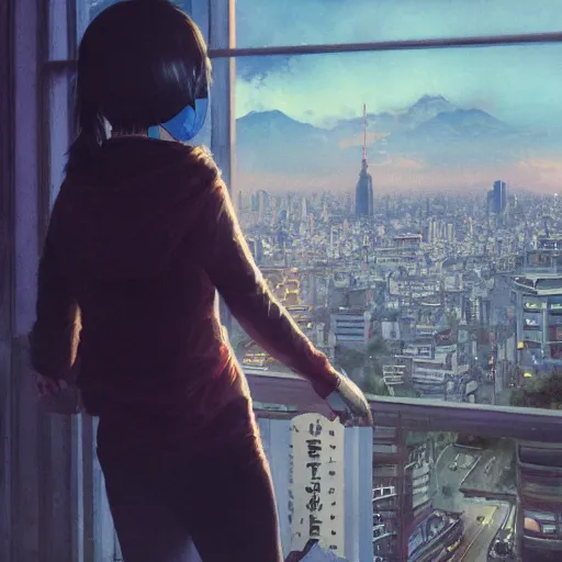 Prompt: melancholic girl wears a tokyo ghoul mask while looking at the city, incredible view of Santiago at dawn, illustration by Greg Rutkowski and Yoshitaka Amano