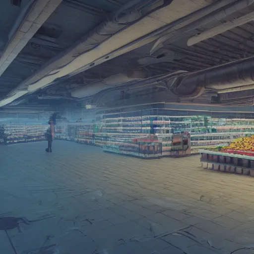 Image similar to grocery store aisle at the bottom of the ocean, cinematic movie scene, 120mm wide shot, precise architectural rendering, concept art, unreal engine, octane render, god rays