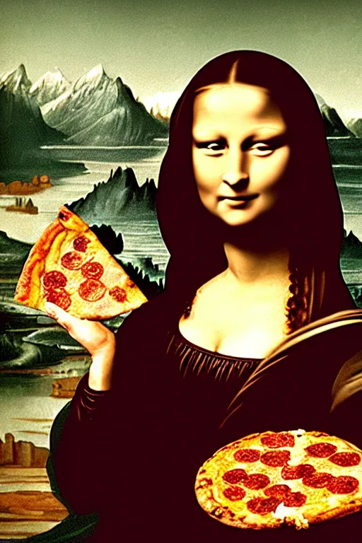 Prompt: cinematic shot, low lights, low contrast, 3 5 mm portrait of a woman holding a slice of pizza in her hands, the slice of pizza is held in mid air, near her face, in the artistic style of mona lisa