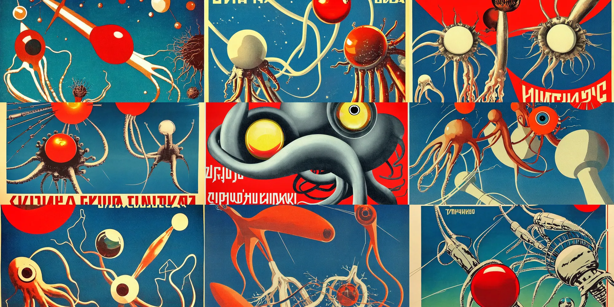 Prompt: a soviet era propaganda poster featuring a chrome and living tissue dendritic organic Sputnik with one gigantic squid eye releasing its !!spores!! while in orbit around the earth, sculpted !!!!iridescent!!!! tissue, soft lighting, chrome and viscera and bone, composition, Cronenberg automata, Marsden, ito, Ryden, sci-fi, Koons, Dieter Rams,