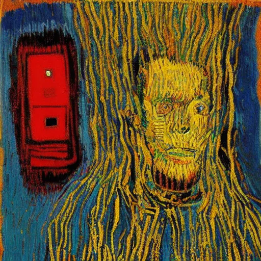 Image similar to artificial intelligence , Robots, nature, humane, painting by van Gogh klimt Jean-Michel Basquiat