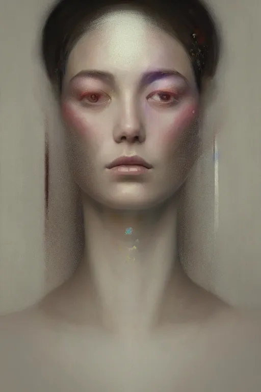 Prompt: of beautiful female, abstract beauty portrait, brush strokes by greg rutkowski, hilma af klint, moebius, victo ngai, sharp focus, global illumination, highly detailed, masterpiece, award winning, post processing