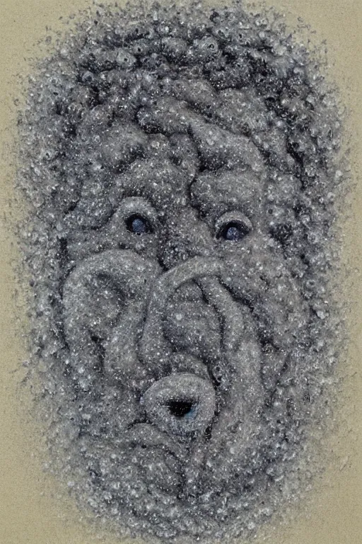 Prompt: a portrait of a creature made from snow and soil, high detail, muted colors, pointillism